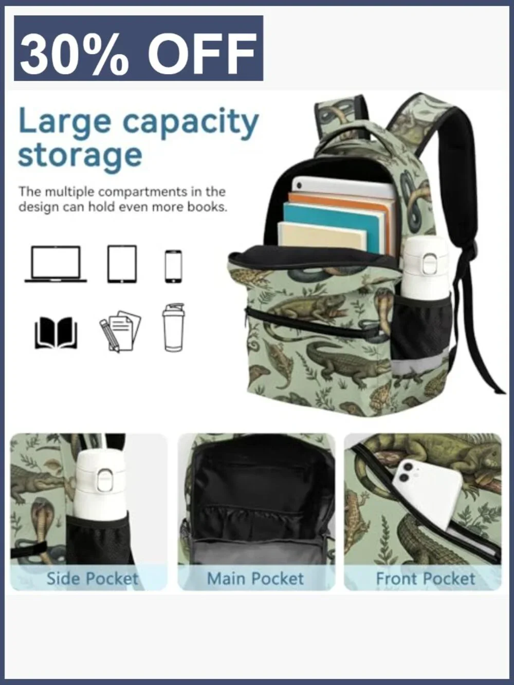 Realistic Reptile Backpack for Kids, 17 Inch, Water Resistant, with Reflective